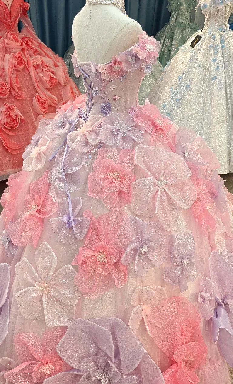 Enchanting Pastel Pink &amp; Purple Off-the-Shoulder Ball Gown Wedding Dress with 3D Glitter Flowers &amp; Crystal Collar Ye-2027 by ZAPDRESS