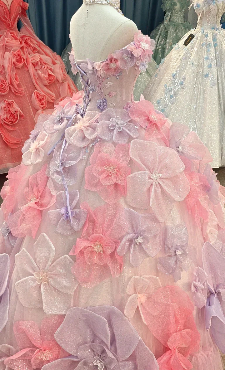 Enchanting Pastel Pink &amp; Purple Off-the-Shoulder Ball Gown Wedding Dress with 3D Glitter Flowers &amp; Crystal Collar Ye-2027 by ZAPDRESS