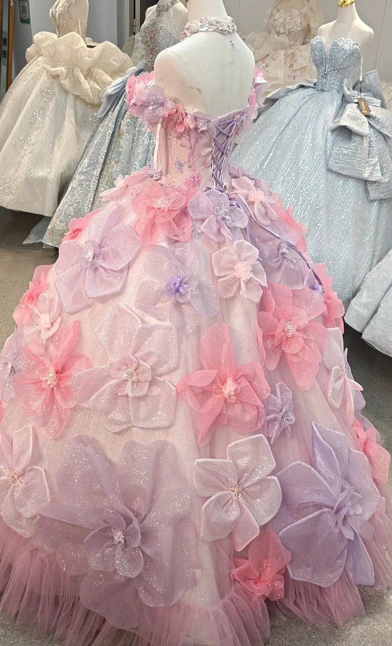 Enchanting Pastel Pink &amp; Purple Off-the-Shoulder Ball Gown Wedding Dress with 3D Glitter Flowers &amp; Crystal Collar Ye-2027 by ZAPDRESS
