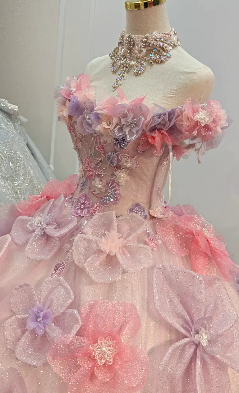 Enchanting Pastel Pink &amp; Purple Off-the-Shoulder Ball Gown Wedding Dress with 3D Glitter Flowers &amp; Crystal Collar Ye-2027 by ZAPDRESS