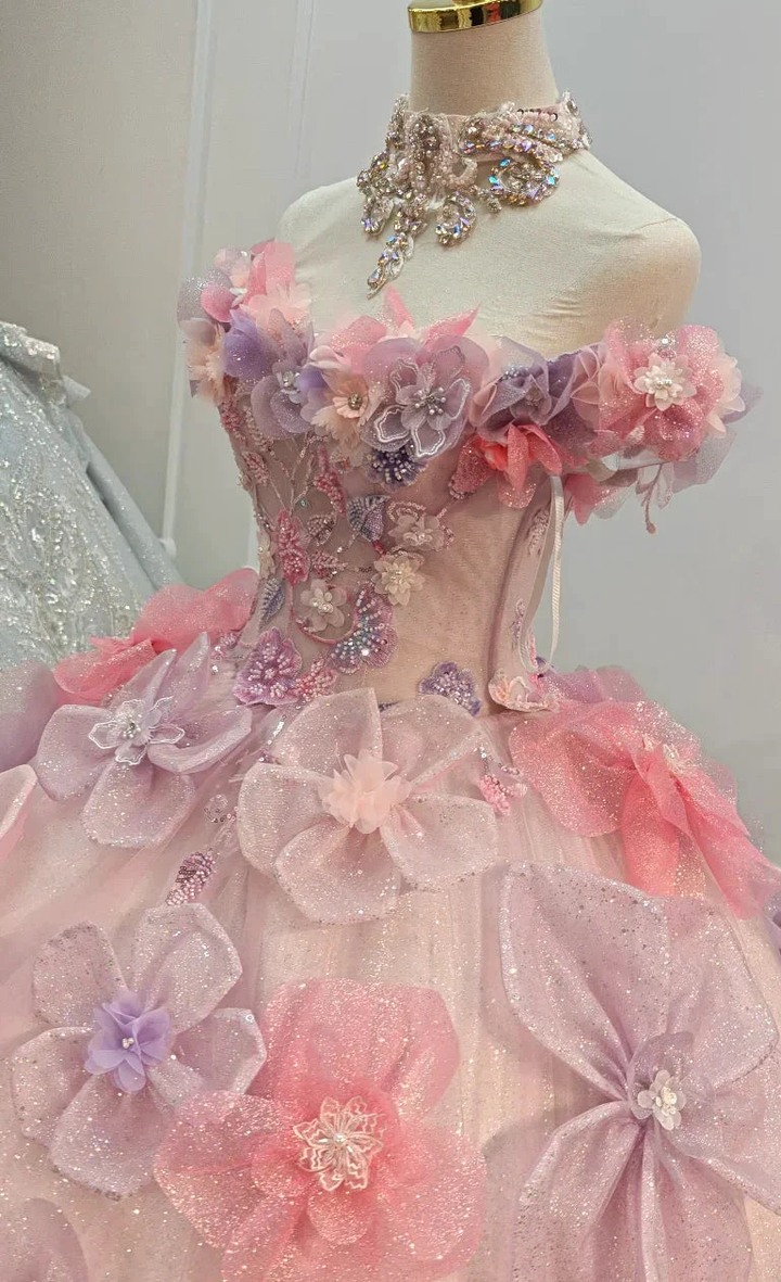 Enchanting Pastel Pink &amp; Purple Off-the-Shoulder Ball Gown Wedding Dress with 3D Glitter Flowers &amp; Crystal Collar Ye-2027 by ZAPDRESS