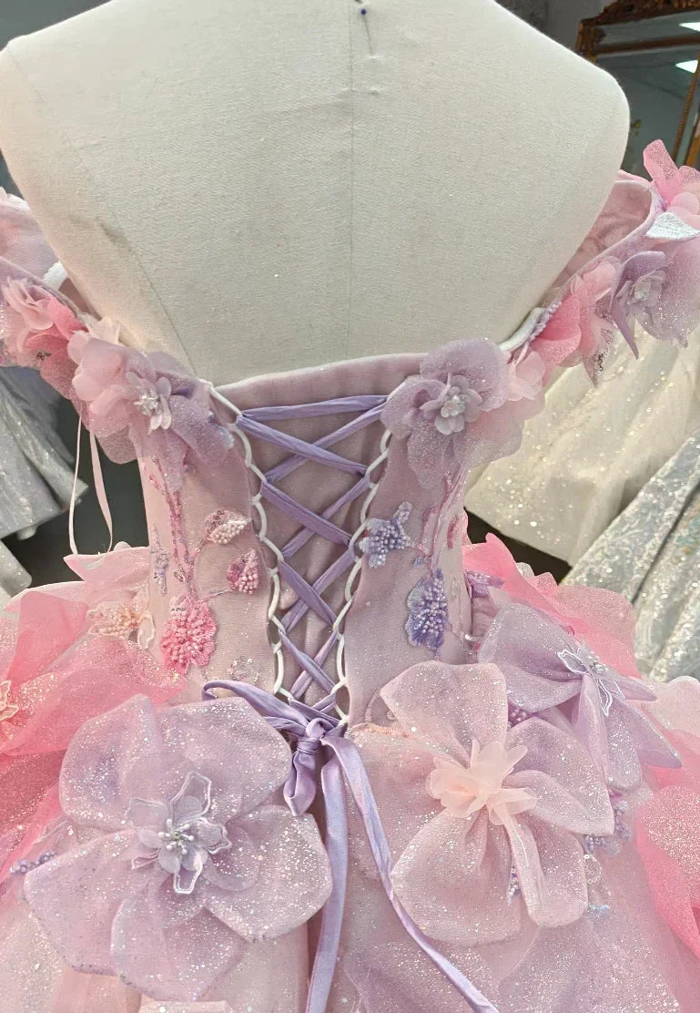 Enchanting Pastel Pink &amp; Purple Off-the-Shoulder Ball Gown Wedding Dress with 3D Glitter Flowers &amp; Crystal Collar Ye-2027 by ZAPDRESS