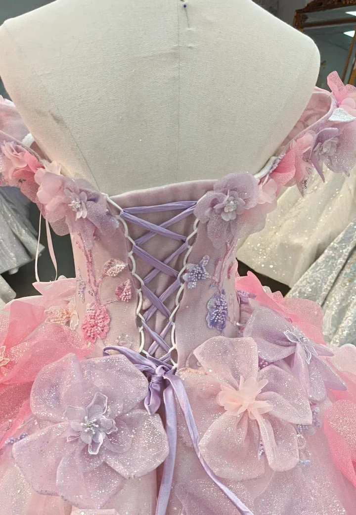 Enchanting Pastel Pink &amp; Purple Off-the-Shoulder Ball Gown Wedding Dress with 3D Glitter Flowers &amp; Crystal Collar Ye-2027 by ZAPDRESS