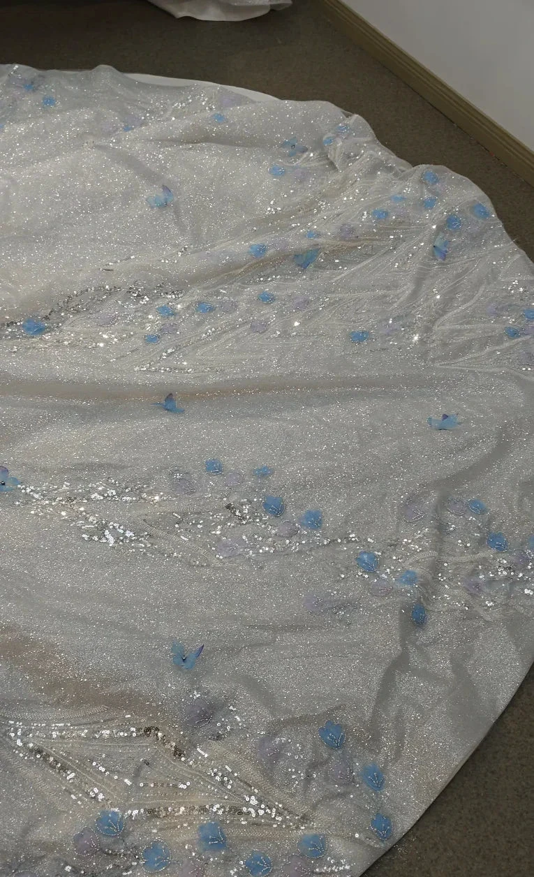 Ethereal Off-the-Shoulder Ball Gown Wedding Dress with Sequin Tulle, 3D Pastel Florals &amp; Feather Accents Ye-2028 by ZAPDRESS