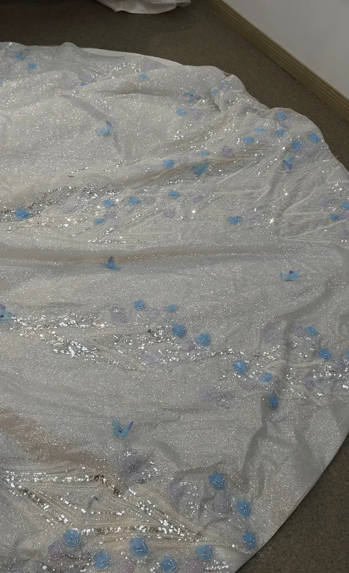 Ethereal Off-the-Shoulder Ball Gown Wedding Dress with Sequin Tulle, 3D Pastel Florals &amp; Feather Accents Ye-2028 by ZAPDRESS