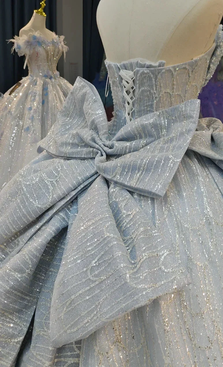 Dreamy Light Blue Sweetheart Ball Gown Wedding Dress with Sequin Tulle, Pearl Beading &amp; Oversized Bow Ye-2029 by ZAPDRESS