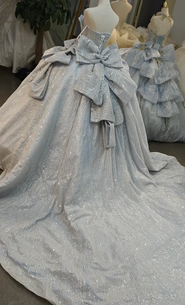 Dreamy Light Blue Sweetheart Ball Gown Wedding Dress with Sequin Tulle, Pearl Beading &amp; Oversized Bow Ye-2029 by ZAPDRESS