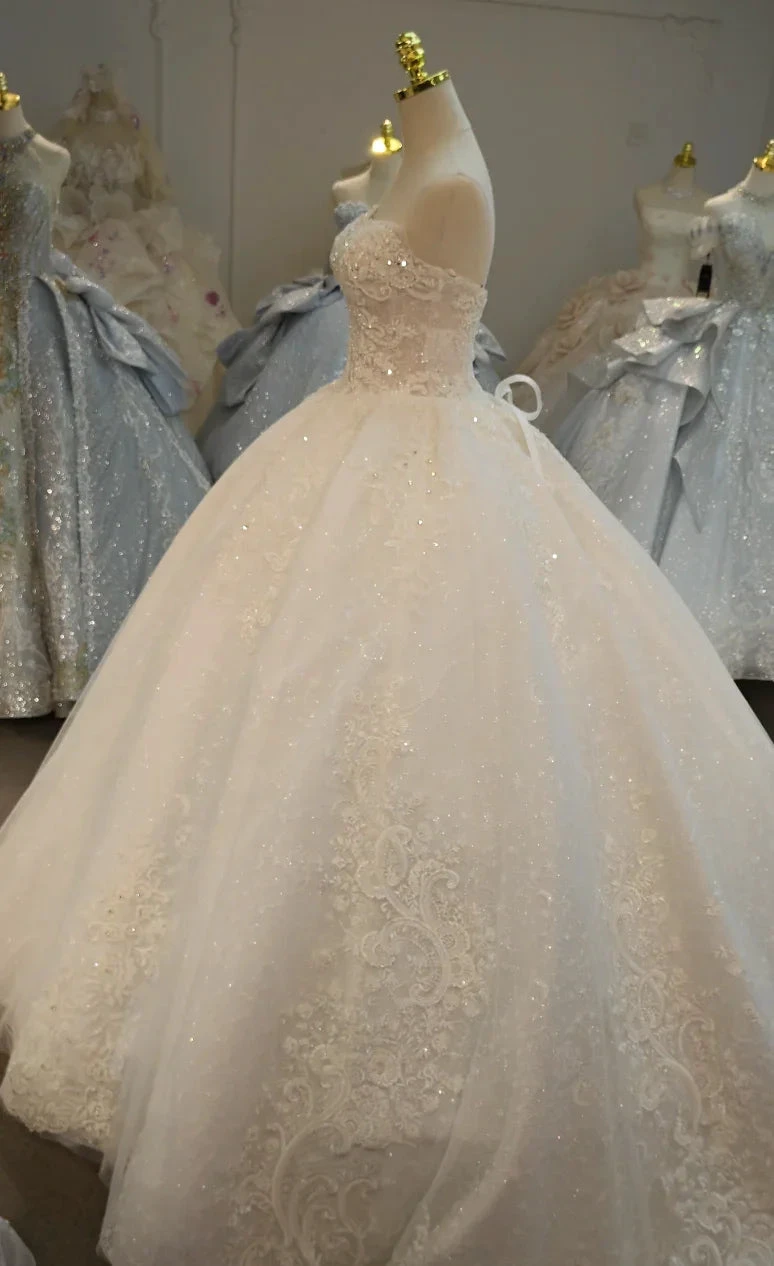 Opulent Strapless Ball Gown Wedding Dress with Pearl Beaded Lace, Sequin Tulle &amp; Corset Lace-Up Back Ye-2030 by ZAPDRESS