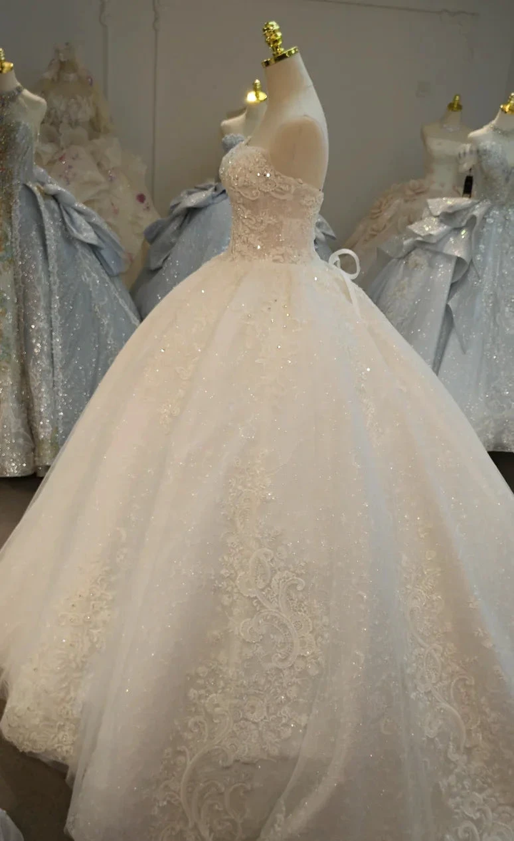 Opulent Strapless Ball Gown Wedding Dress with Pearl Beaded Lace, Sequin Tulle &amp; Corset Lace-Up Back Ye-2030 by ZAPDRESS