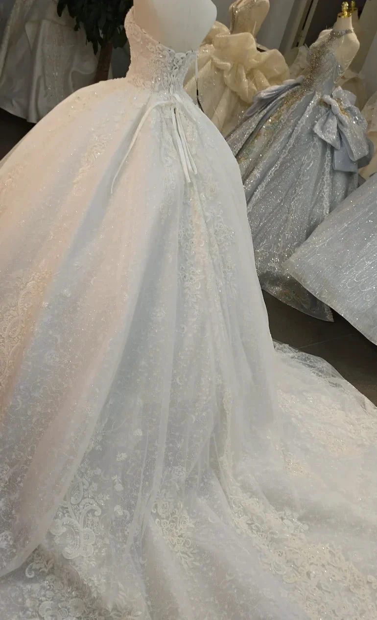 Opulent Strapless Ball Gown Wedding Dress with Pearl Beaded Lace, Sequin Tulle &amp; Corset Lace-Up Back Ye-2030 by ZAPDRESS