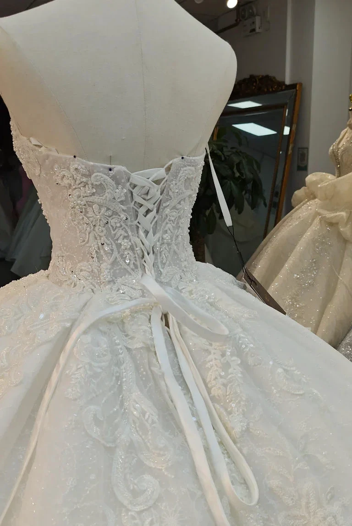 Opulent Strapless Ball Gown Wedding Dress with Pearl Beaded Lace, Sequin Tulle &amp; Corset Lace-Up Back Ye-2030 by ZAPDRESS