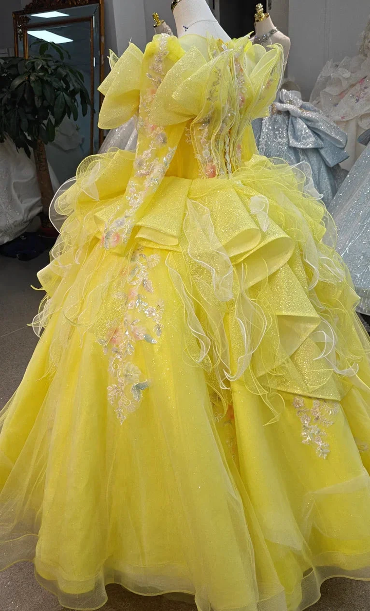 Vibrant Yellow High-Neck Ball Gown Wedding Dress with Ruffled Tulle, 3D Floral Embroidery &amp; Corset Back Ye-2031 by ZAPDRESS