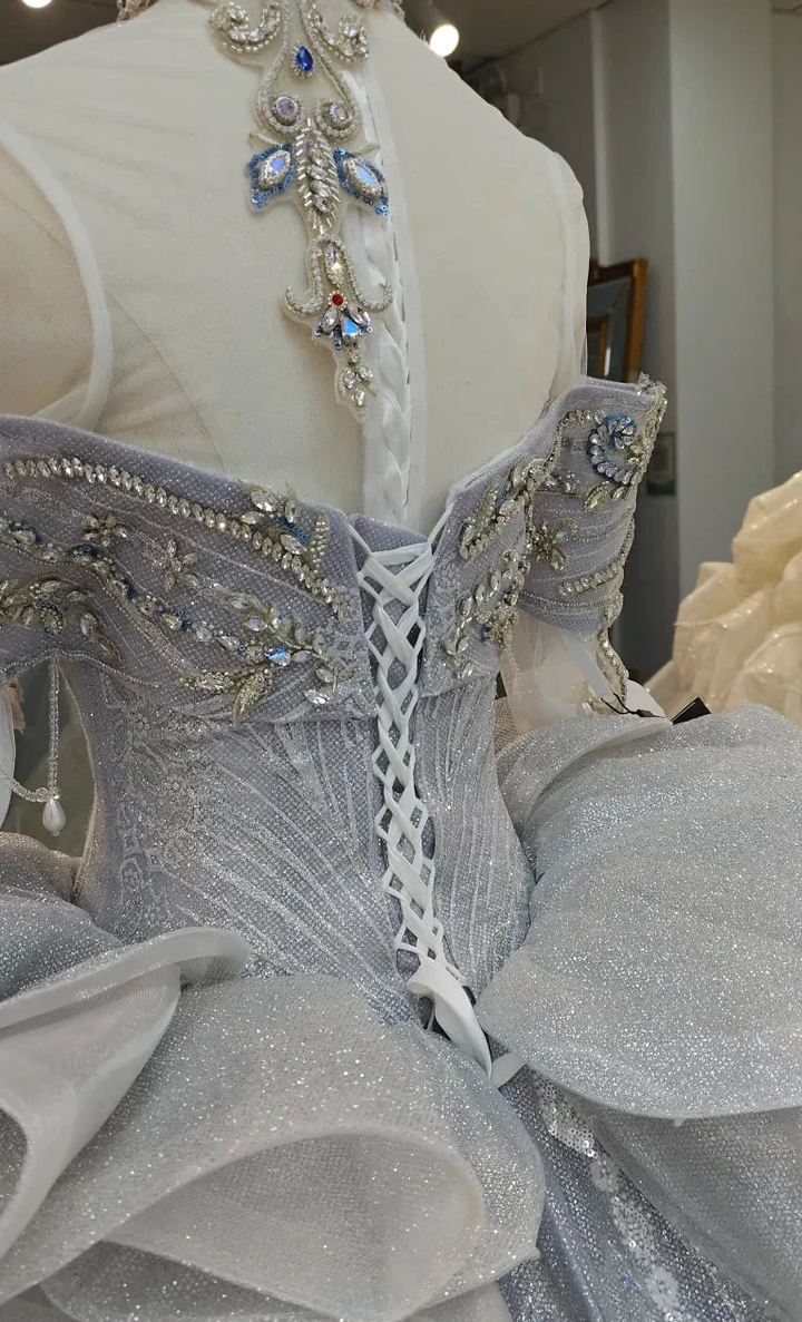 Regal Silver-Gray Off-the-Shoulder Ball Gown Wedding Dress with Crystal Collar, Beaded Embroidery &amp; Tulle Train Ye-2032 by ZAPDRESS
