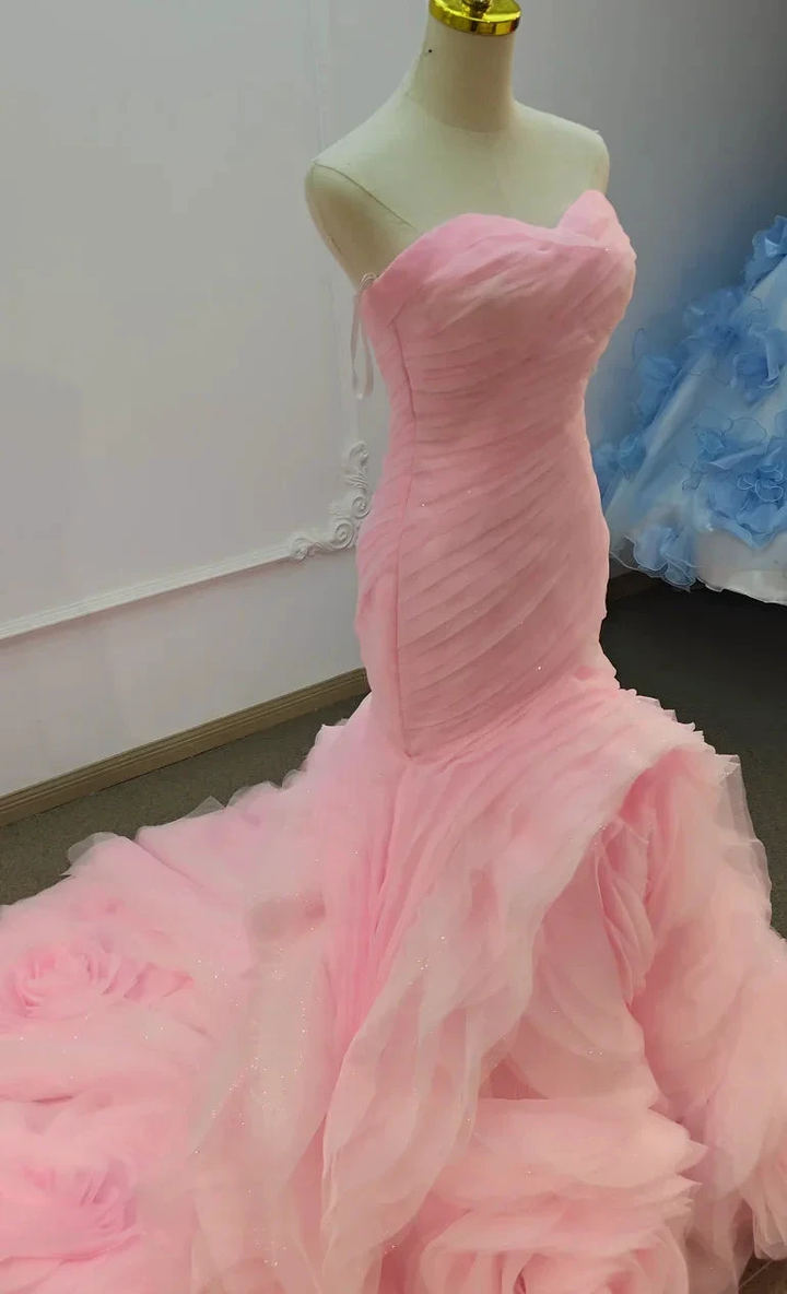 Romantic Blush Pink Strapless Mermaid Wedding Dress with Ruched Bodice &amp; 3D Rose Tulle Skirt Ye-2033 by ZAPDRESS