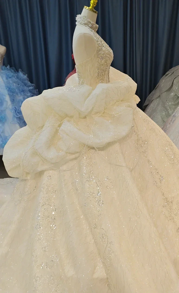 Lavish Halter-Neck Ball Gown Wedding Dress with Pearl Crystal Embroidery &amp; Ruffled Tulle Skirt Ye-2034 by ZAPDRESS
