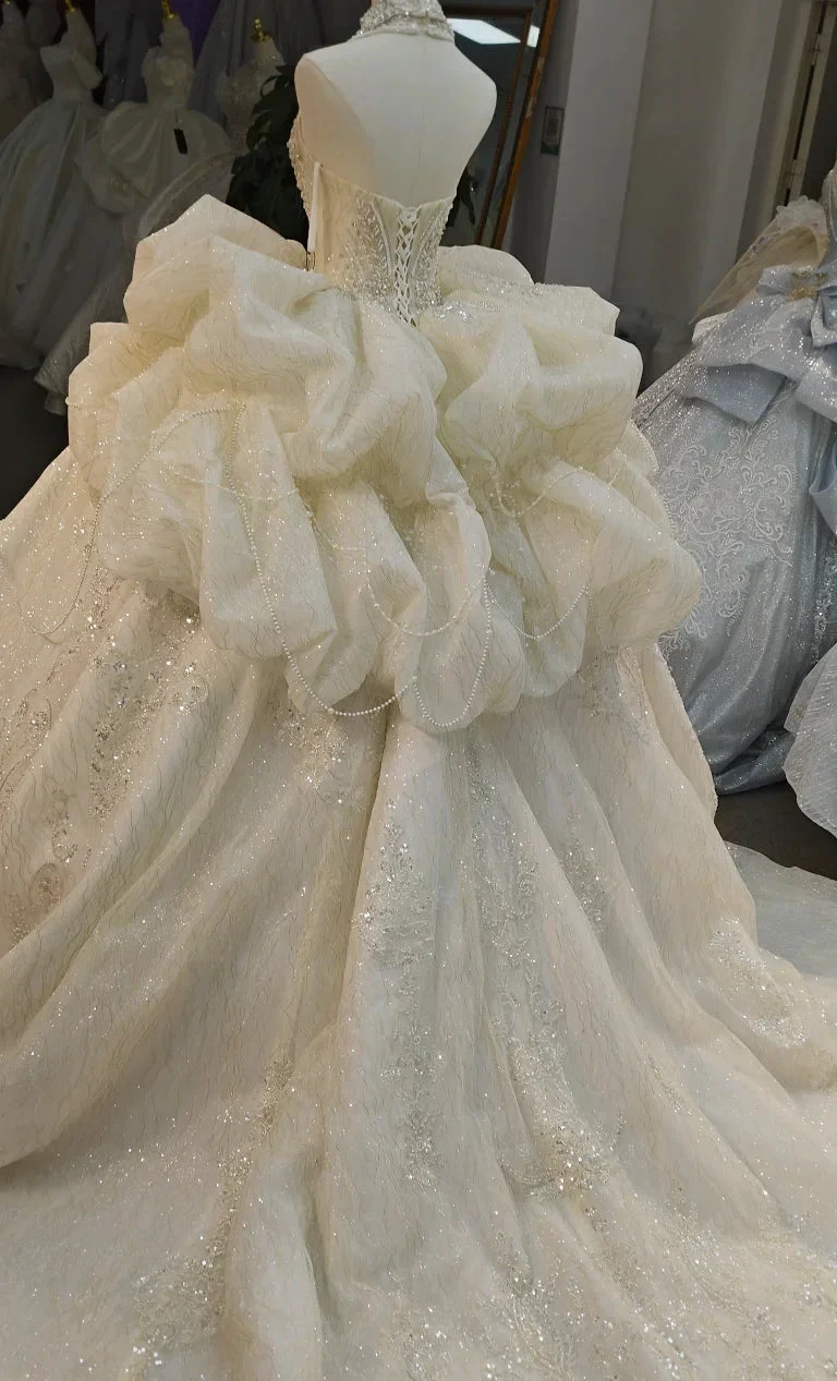 Lavish Halter-Neck Ball Gown Wedding Dress with Pearl Crystal Embroidery &amp; Ruffled Tulle Skirt Ye-2034 by ZAPDRESS