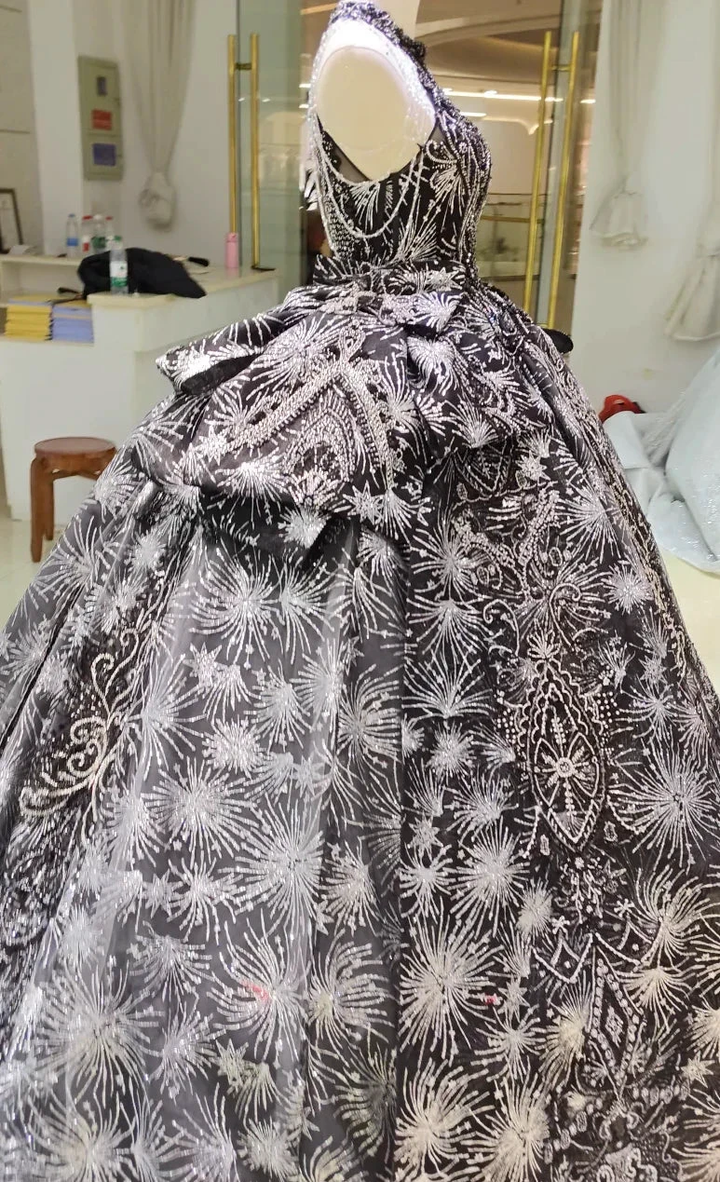 Dramatic Black Halter-Neck Ball Gown Wedding Dress with Firework Sequin Embroidery &amp; Beaded Tassels Ye-2035 by ZAPDRESS