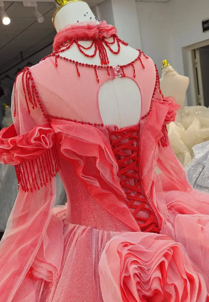Vibrant Coral Red Off-the-Shoulder Ball Gown Wedding Dress with 3D Rose Appliqués &amp; Beaded Tassels Ye-2036 by ZAPDRESS