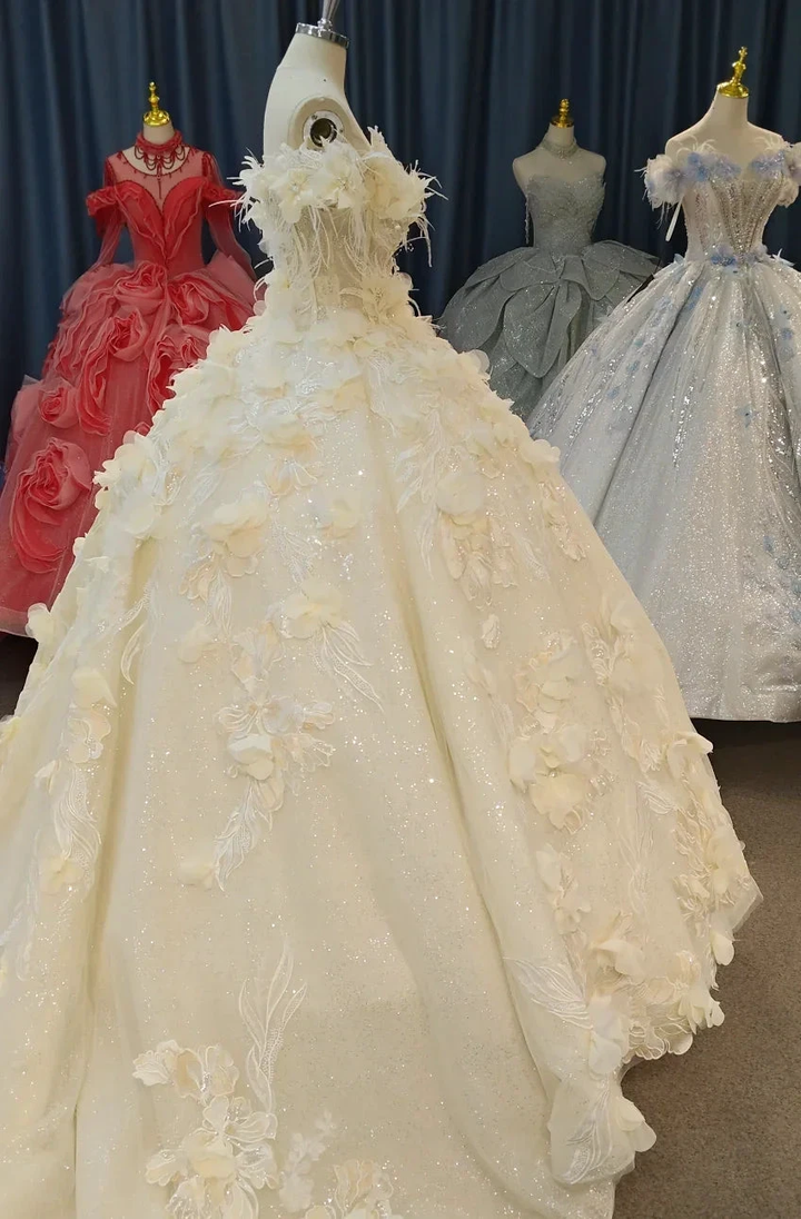 Ethereal Off-the-Shoulder Ball Gown Wedding Dress with 3D Floral Appliqués, Pearl Beading &amp; Glitter Tulle Ye-2038 by ZAPDRESS