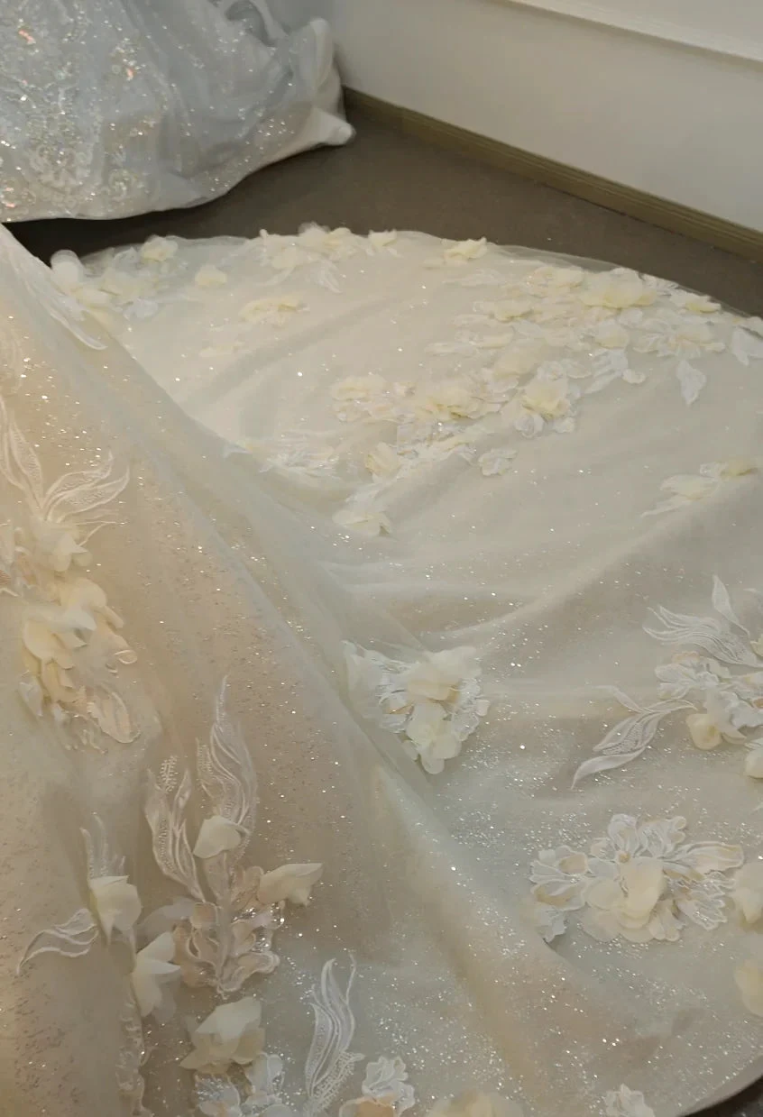 Ethereal Off-the-Shoulder Ball Gown Wedding Dress with 3D Floral Appliqués, Pearl Beading &amp; Glitter Tulle Ye-2038 by ZAPDRESS
