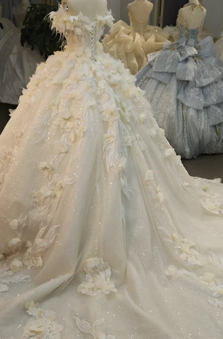 Ethereal Off-the-Shoulder Ball Gown Wedding Dress with 3D Floral Appliqués, Pearl Beading &amp; Glitter Tulle Ye-2038 by ZAPDRESS