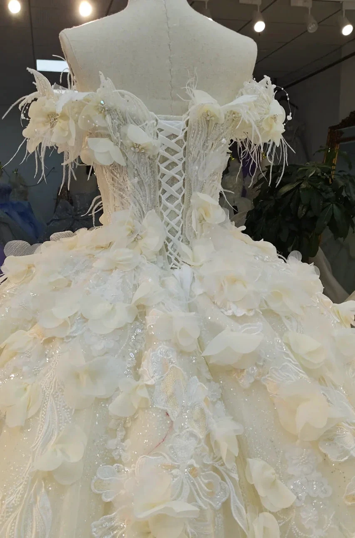 Ethereal Off-the-Shoulder Ball Gown Wedding Dress with 3D Floral Appliqués, Pearl Beading &amp; Glitter Tulle Ye-2038 by ZAPDRESS