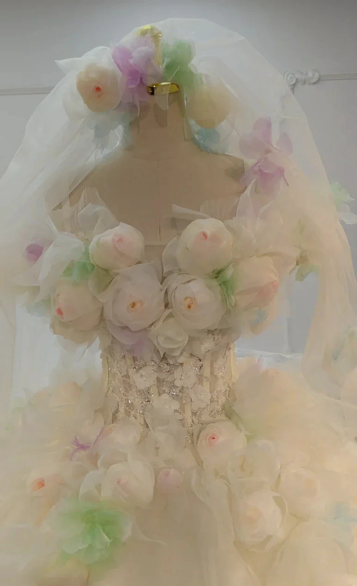 Whimsical Sweetheart Ball Gown Wedding Dress with 3D Pastel Florals &amp; Sheer Tulle Train Ye-2039 by ZAPDRESS