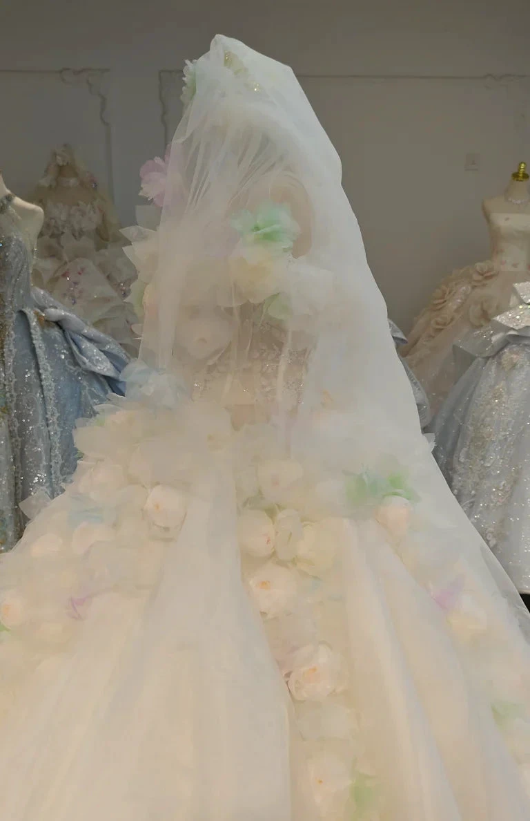 Whimsical Sweetheart Ball Gown Wedding Dress with 3D Pastel Florals &amp; Sheer Tulle Train Ye-2039 by ZAPDRESS