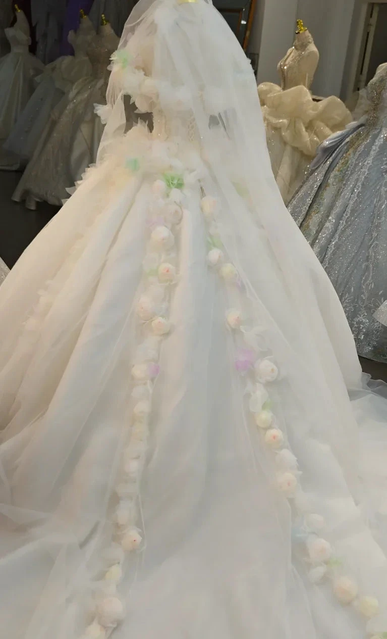 Whimsical Sweetheart Ball Gown Wedding Dress with 3D Pastel Florals &amp; Sheer Tulle Train Ye-2039 by ZAPDRESS