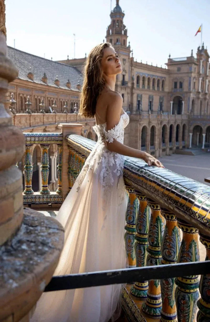 Boho Tull Wedding Dresses Off the Shoulder Lace Appliques A Line Beach Bridal Gown Sexy High Split Wedding Gowns by payinti