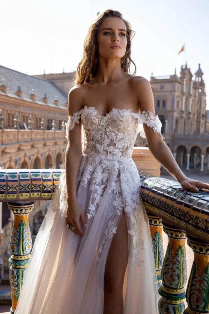 Boho Tull Wedding Dresses Off the Shoulder Lace Appliques A Line Beach Bridal Gown Sexy High Split Wedding Gowns by payinti