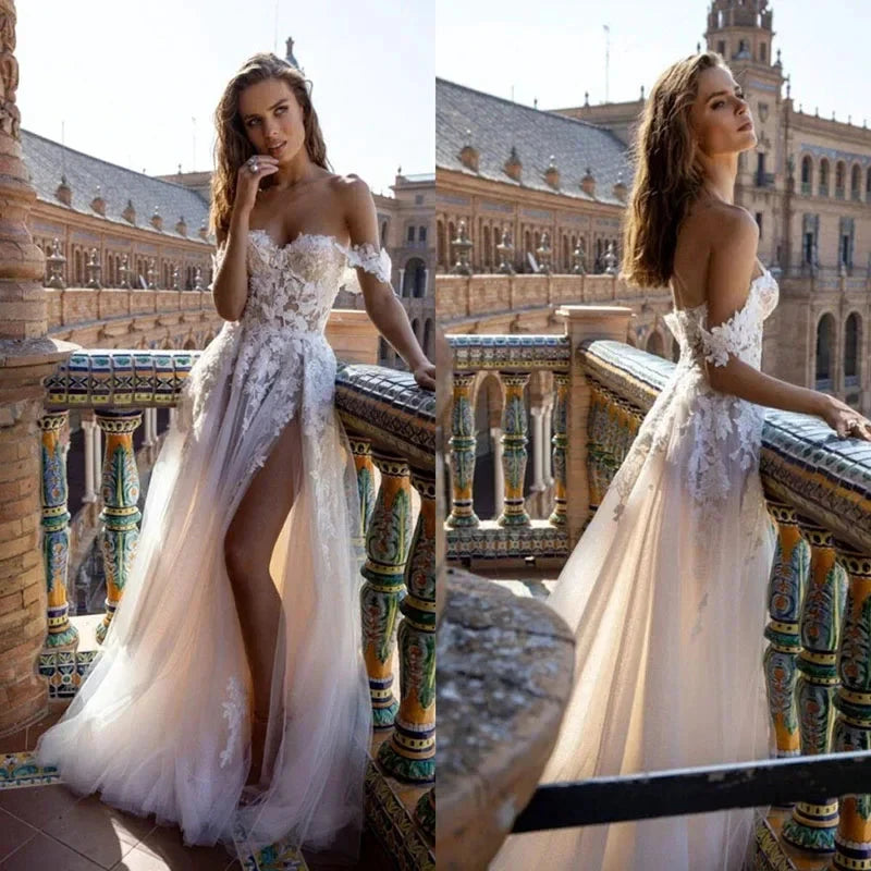 Boho Tull Wedding Dresses Off the Shoulder Lace Appliques A Line Beach Bridal Gown Sexy High Split Wedding Gowns by payinti