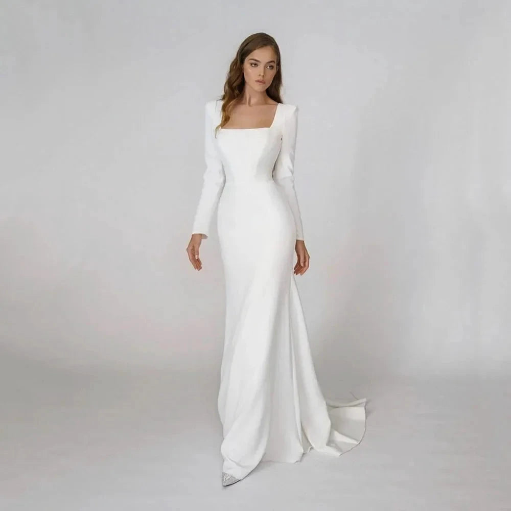 Elegant Satin Mermaid Wedding Dress Square Neck Long Sleeves Backless Party Bridal Dress Bride Dress Vestido De Noiva by payinti