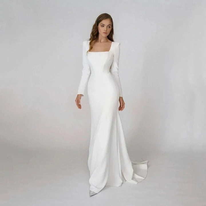 Elegant Satin Mermaid Wedding Dress Square Neck Long Sleeves Backless Party Bridal Dress Bride Dress Vestido De Noiva by payinti