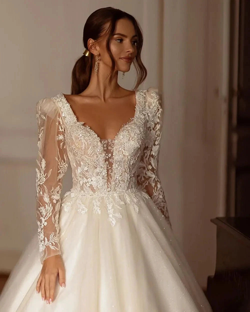 Glitter Champagne Wedding Dresses Long Sleeve Appliques Lace Modern Bridal Dress Tulle Bride Gown vestidos de novia by payinti
