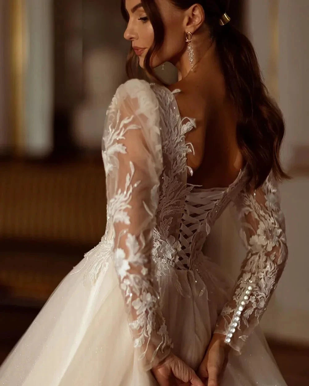 Glitter Champagne Wedding Dresses Long Sleeve Appliques Lace Modern Bridal Dress Tulle Bride Gown vestidos de novia by payinti
