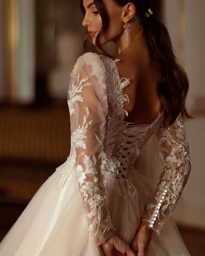 Glitter Champagne Wedding Dresses Long Sleeve Appliques Lace Modern Bridal Dress Tulle Bride Gown vestidos de novia by payinti