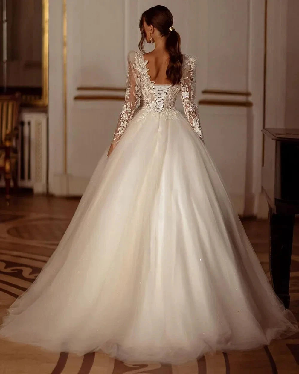 Glitter Champagne Wedding Dresses Long Sleeve Appliques Lace Modern Bridal Dress Tulle Bride Gown vestidos de novia by payinti