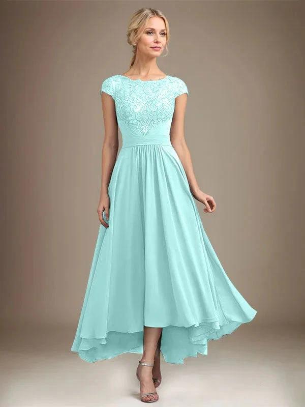 A-line Scoop Illusion Asymmetrical Lace Chiffon Mother of the Bride Dress With Pleated by Dreamylily
