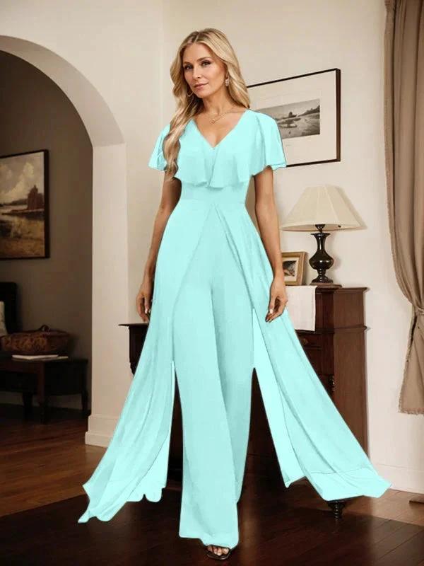 Jumpsuit/Pantsuit V-Neck Floor-Length Chiffon Evening Dress by Dreamylily