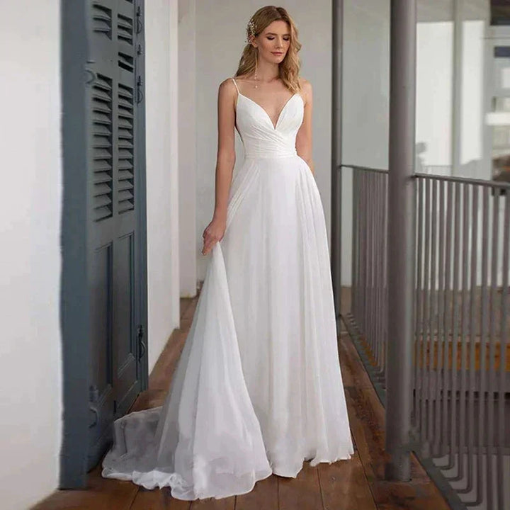 Spaghetti Straps V Neck Criss-Cross Wedding Dress Sweep Train Sleeveless Chiffon Bride Gown Robe De Mariée Beach Wedding Gown by payinti
