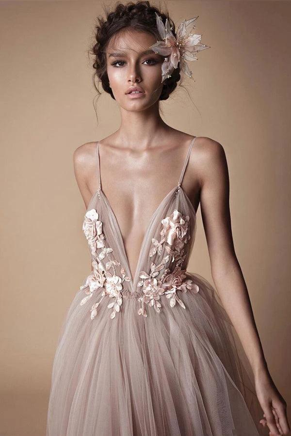 Spaghetti Strap Deep V Neck Beach Wedding Dresses With Applique WD321 by pgmdress