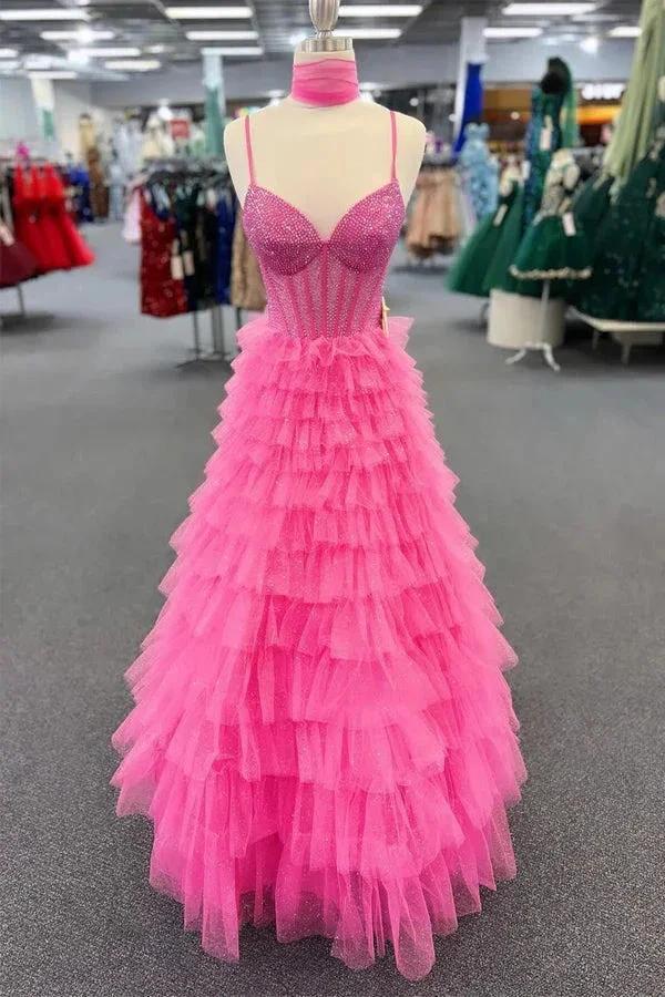 Spaghetti Strap Tiered Beaded Hot Pink Long Prom Dress PSK578 by Pgmdress