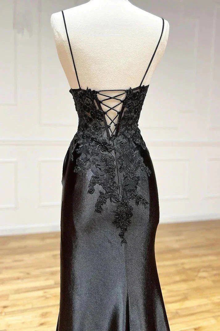 Spaghetti Straps Appliques Side Split Black Long Prom Dress PSK440 by pgmdress