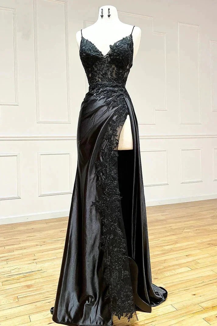 Spaghetti Straps Appliques Side Split Black Long Prom Dress PSK440 by pgmdress