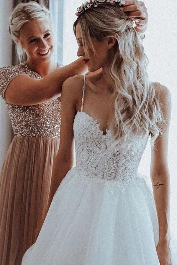 Spaghetti Straps Beaded Appliqued A-line Tulle Wedding Dresses WD550 by pgmdress