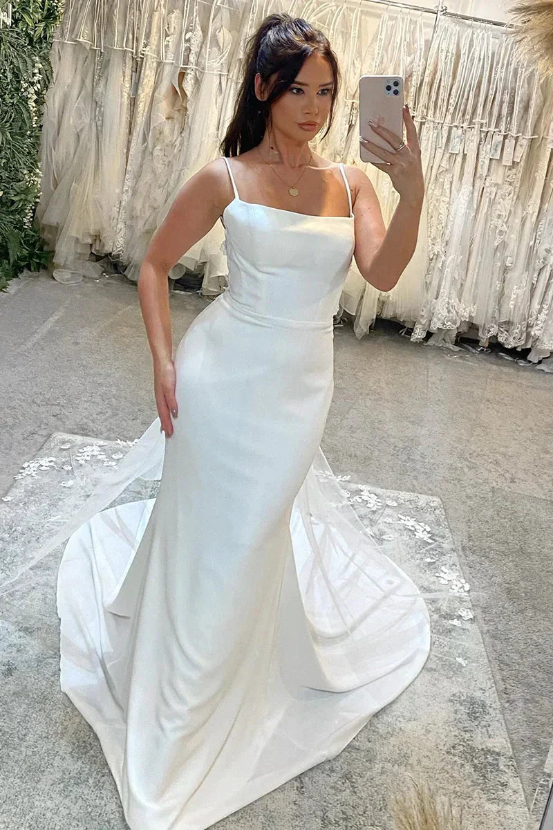 Spaghetti Straps Lace Beach Mermaid Court Train Wedding Dress WD648 by pgmdress