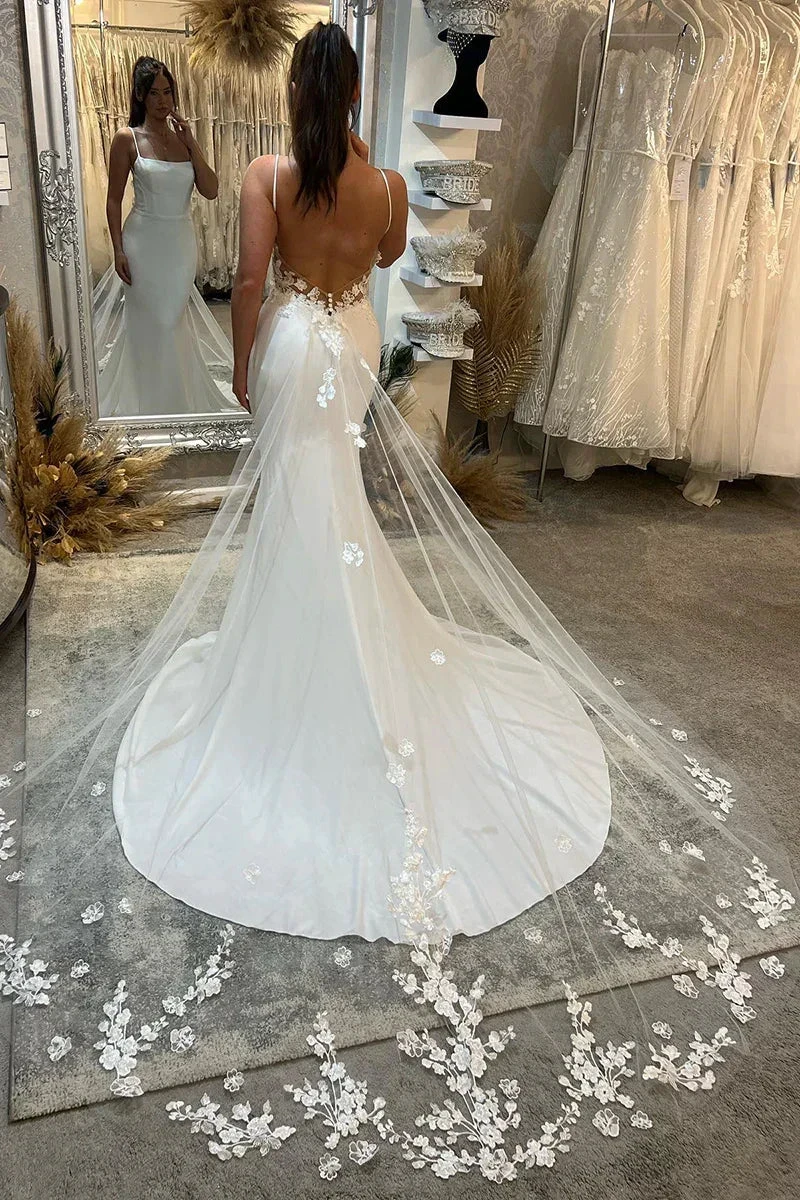 Spaghetti Straps Lace Beach Mermaid Court Train Wedding Dress WD648 by pgmdress