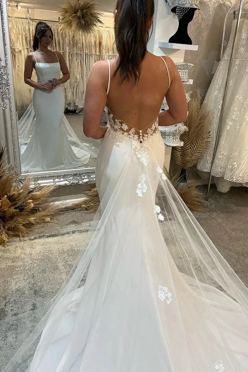 Spaghetti Straps Lace Beach Mermaid Court Train Wedding Dress WD648 by pgmdress