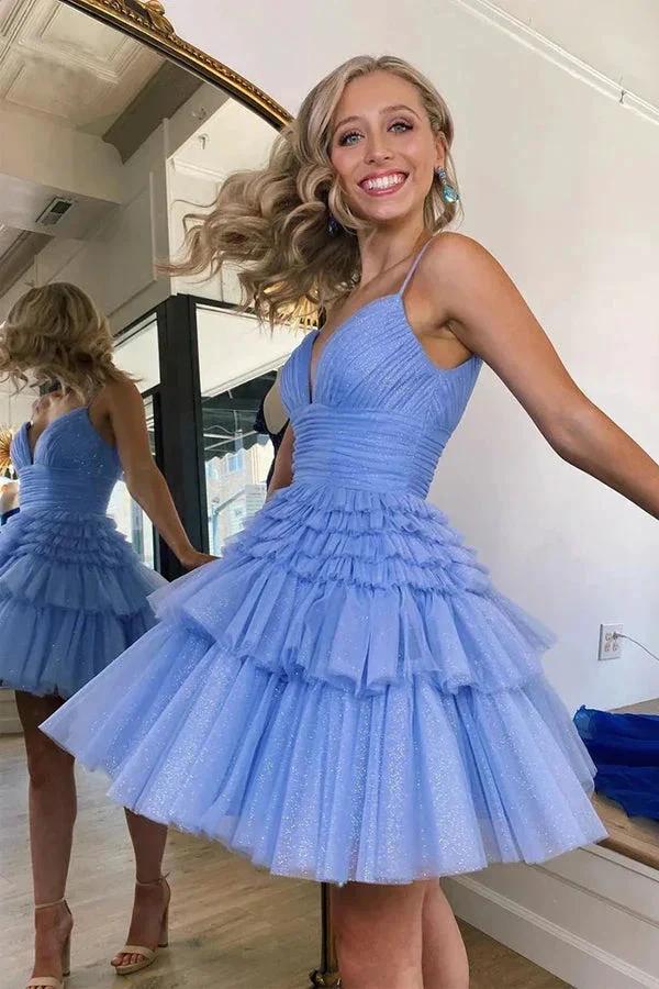 Spaghetti Straps V-Neck A-Line Tulle Mini Homecoming Dress PD488 by pgmdress